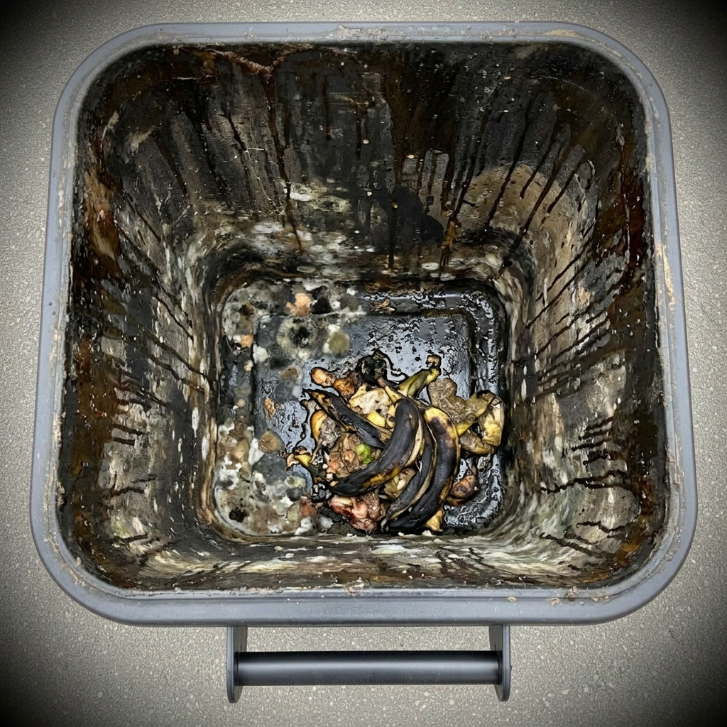 Inside of a filthy residential trash bin caked with grime and rotting food before Clean Canz service